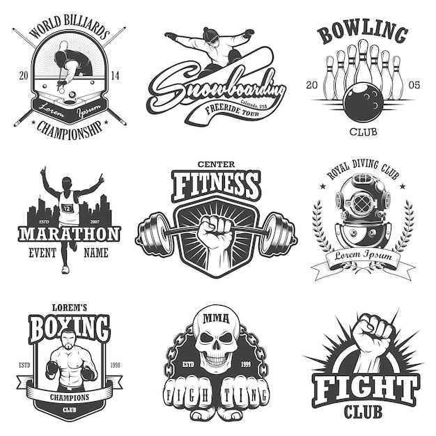 Set of vintage sports emblems, labels, badges and logos. monochrome style