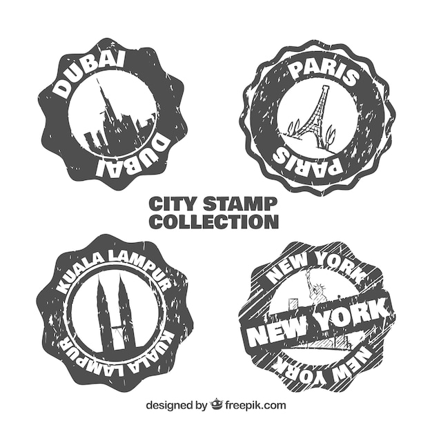 Set of vintage stamps of hand drawn cities