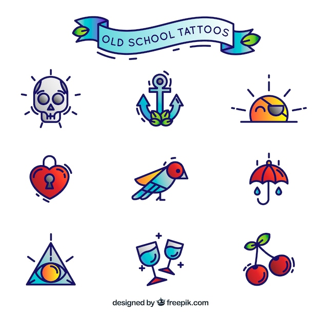 Free vector set of vintage tattoos in linear style