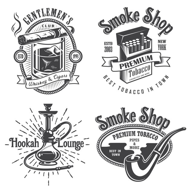 Набор старинных эмблем для курения табака, этикеток. значки и логотипы. Монохромный стиль. Изолированные на белом фоне