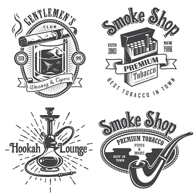 Set of vintage tobacco smoking emblems, labels. badges and logos. Monochrome style. Isolated on white background