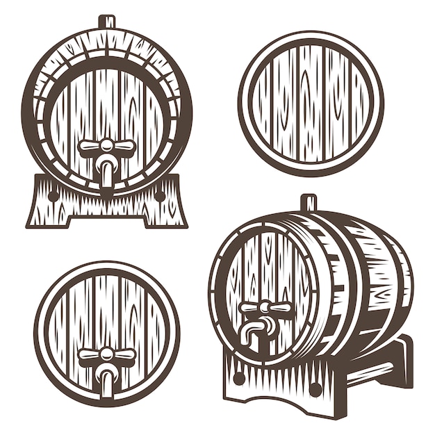 Free vector set of vintage wooden barrels in different foreshortening. monochrome style. isolated on white back ground