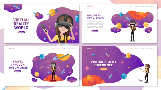 Set of virtual reality technology landing page website template. girl with vr headset in outer space with planets and rocket.  flat illustration