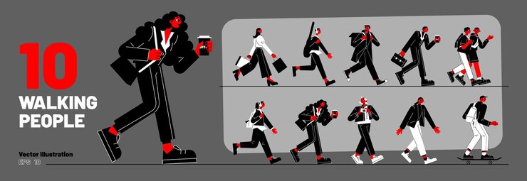 無料Vector 歩く人の多様な通行人キャラクターのセット