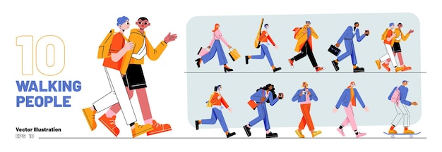 Free vector set of walking people diverse pedestrians walk