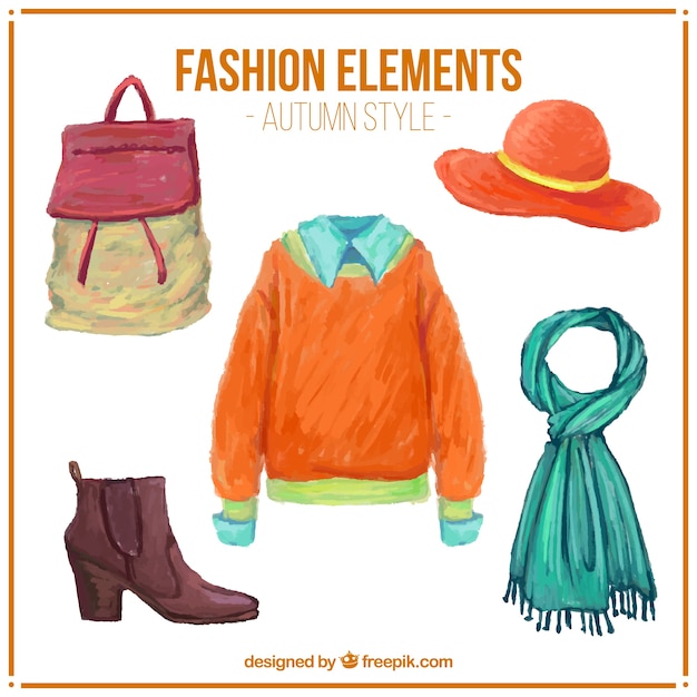 Set of watercolor autumn clothes with accessories