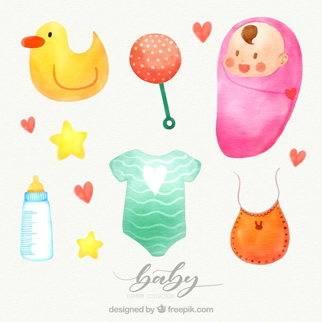 Set of watercolor baby elements