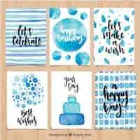 Vettore gratuito set di carte di compleanno di acquerello in toni azzurri
