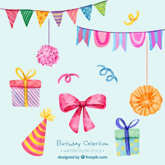 Set of watercolor birthday decorative elements