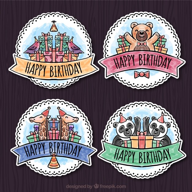 Set of watercolor birthday stickers