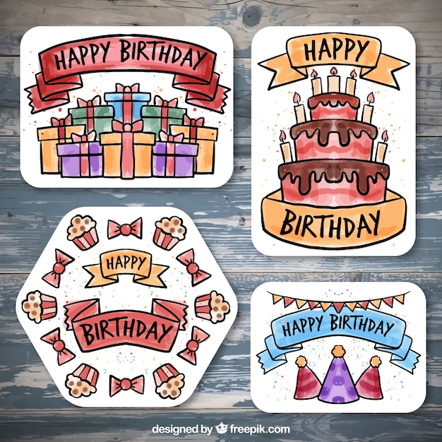 Free vector set of watercolor birthday stickers