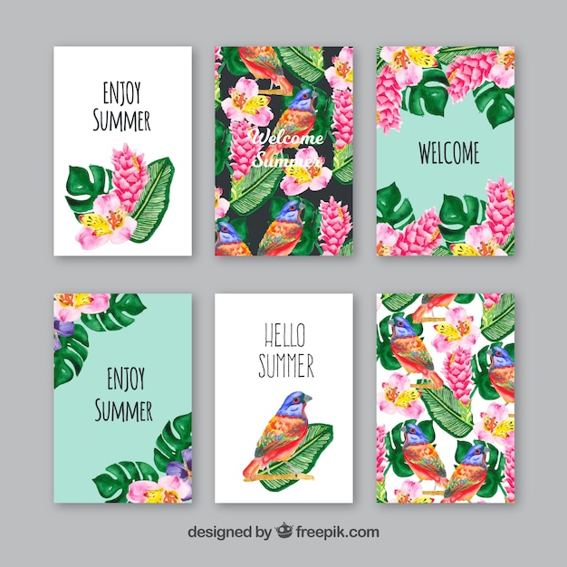 Set of watercolor cards with birds and leaves