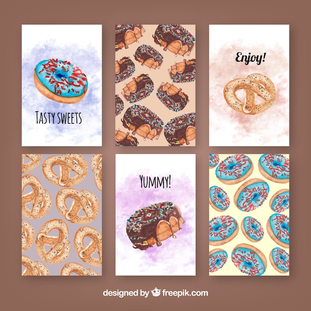 Free vector set of watercolor cards with delicious sweets