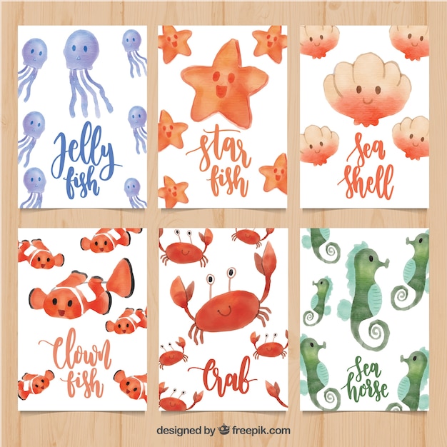 Set of watercolor cards with sea animals