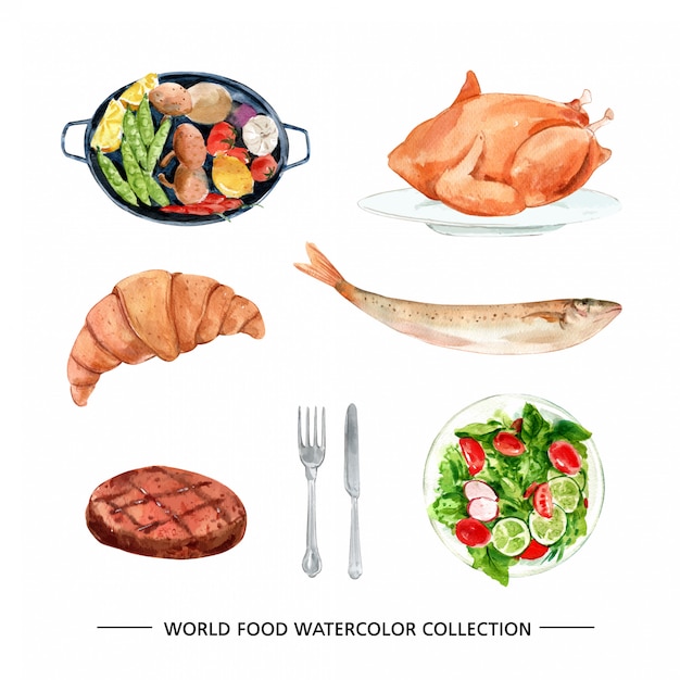 Set of watercolor chicken, croissant, steak illustration