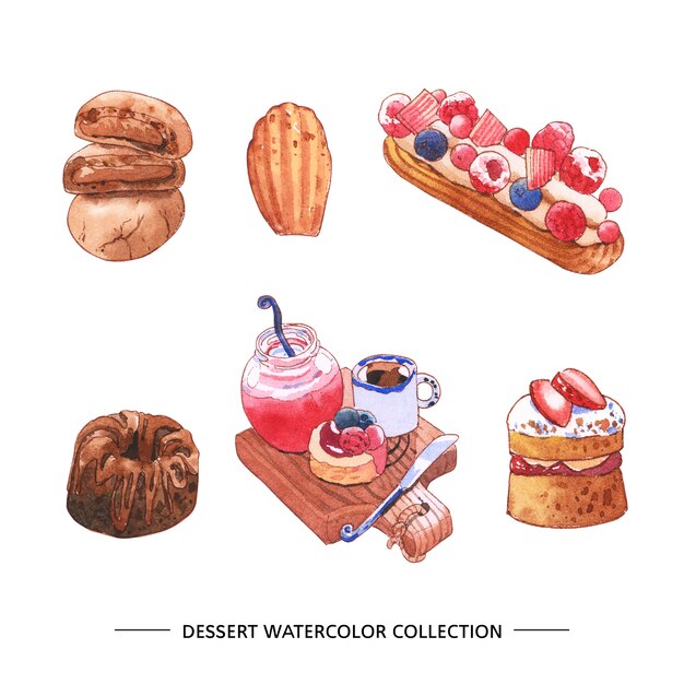 Set of watercolor chocolate, cake, juice illustration 