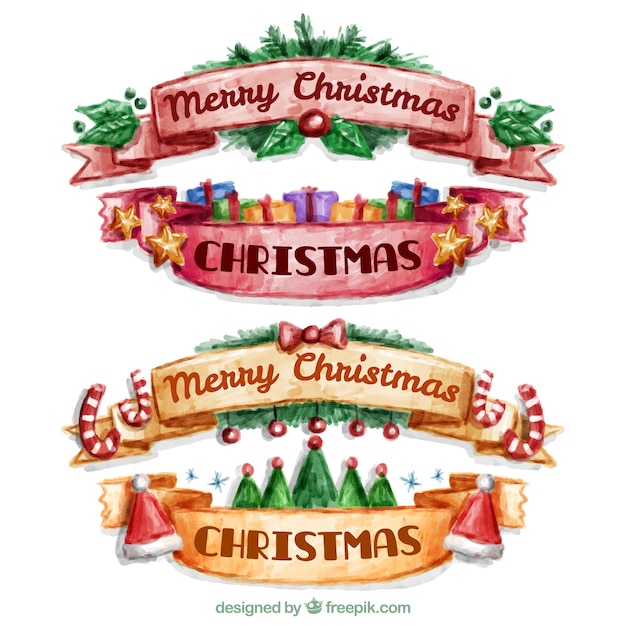 Free vector set of watercolor christmas decorative ribbons