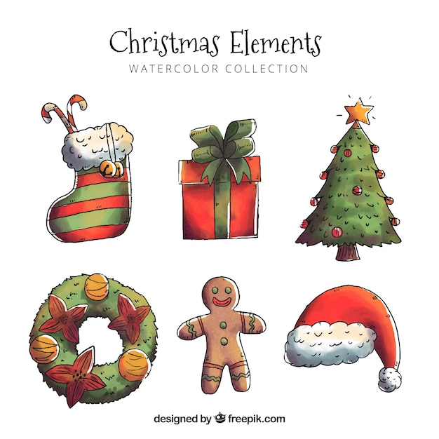 Set of watercolor christmas elements