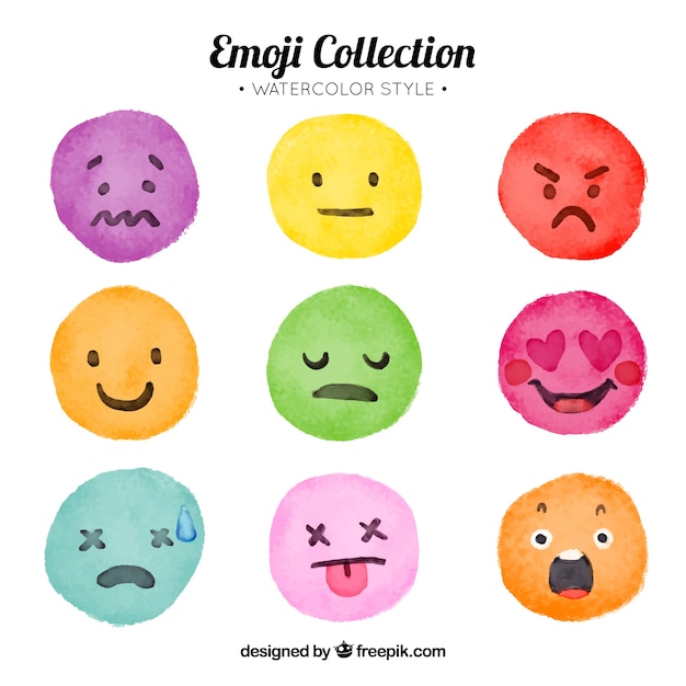 Set of watercolor colorful emoticons