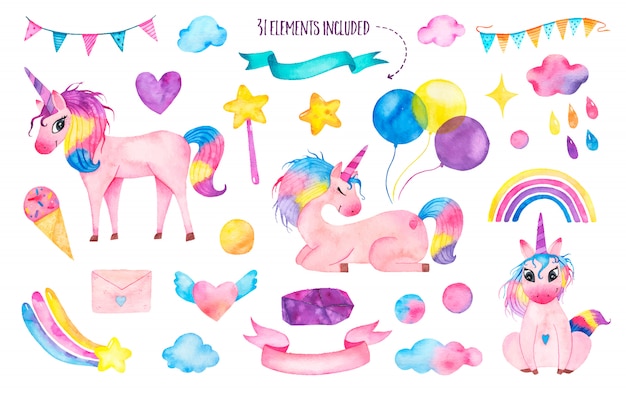 Free vector set of watercolor cute magic unicorns with rainbow, balloons, magic wand