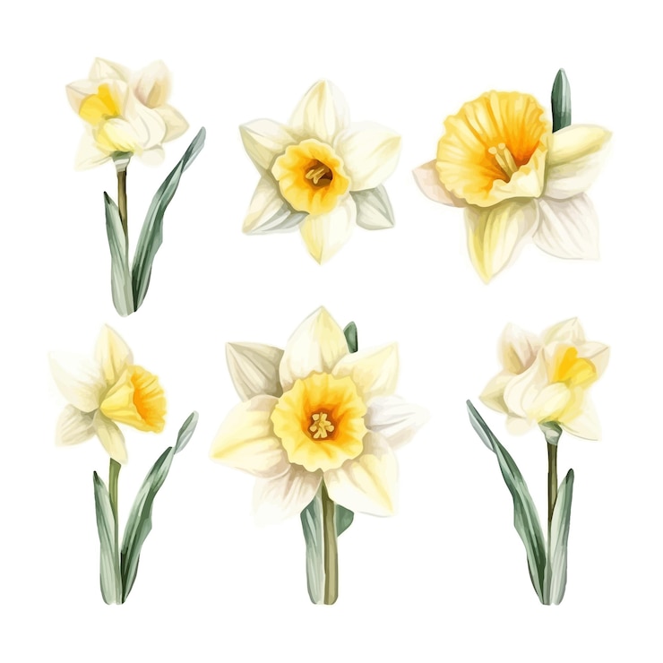 Free Vector set of watercolor daffodil flowers clipart white background