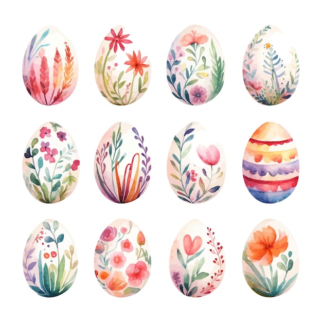 Vettore gratuito set di acquerelli, uova boho di pasqua, disegni floreali, collezione di primavera di pasqua.