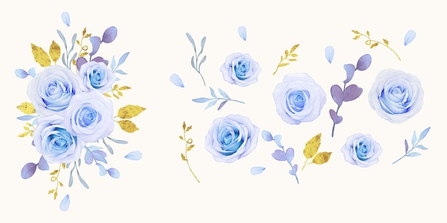 Free vector set watercolor elements of blue roses