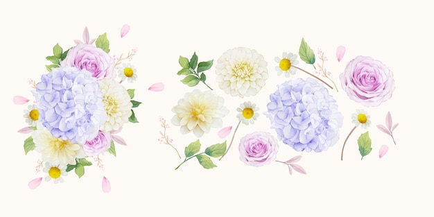 Набор акварельных элементов фиолетовых роз георгина и цветка гортензии