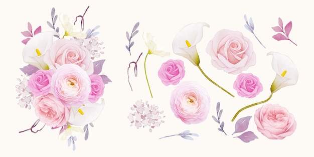 Set watercolor elements of pink rose  lily  and ranunculus flower