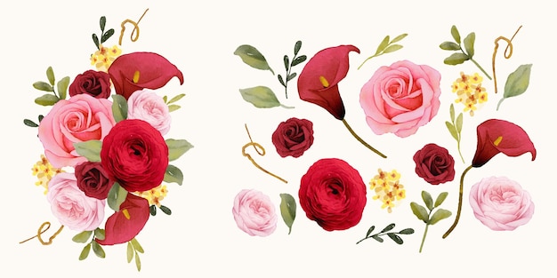 Set watercolor elements of red rose  lily  and ranunculus flower