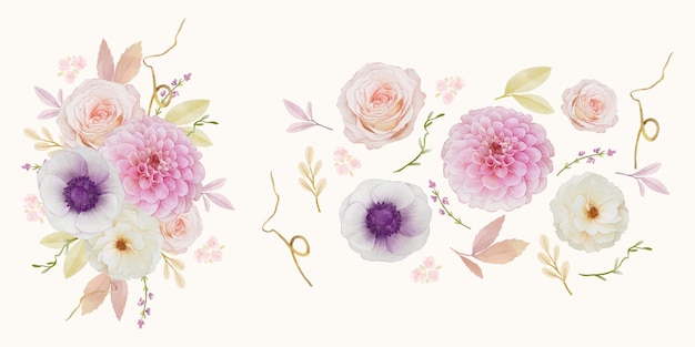 장미 달리아와 아네모네 꽃의 수채화 요소 설정