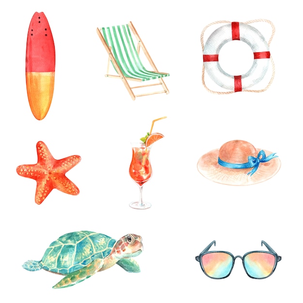 Free vector set of watercolor equipment, hand-drawn illustration of summer elements isolated