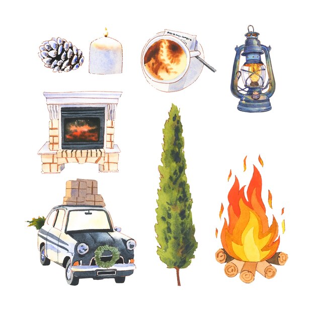 Free vector set of watercolor fireplace, lantern, car background for decorative use.