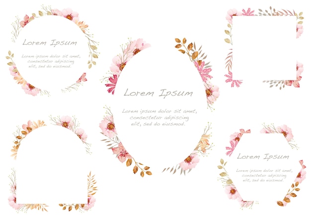 Set of watercolor floral frames isolated on a white background. .