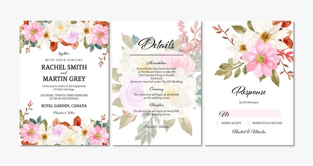 春の花と水彩花の結婚式の招待状のセット