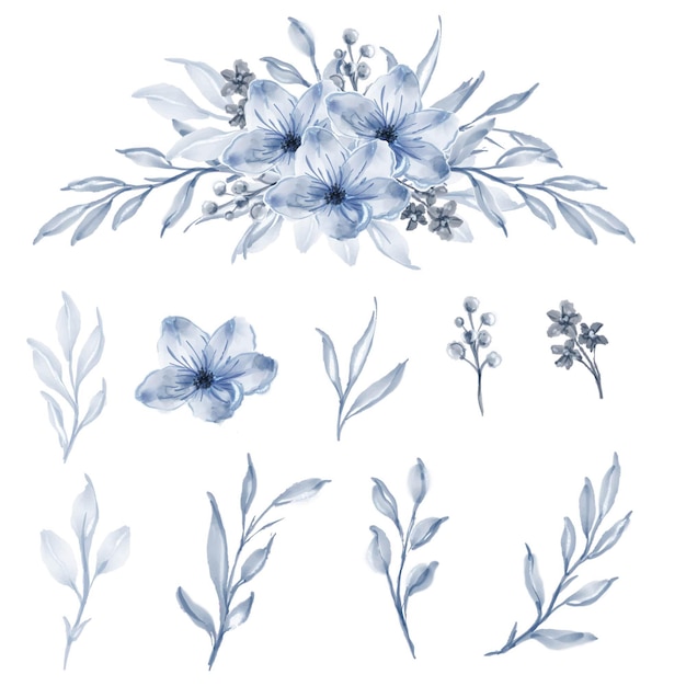 Free vector set of watercolor flower and leaf blue