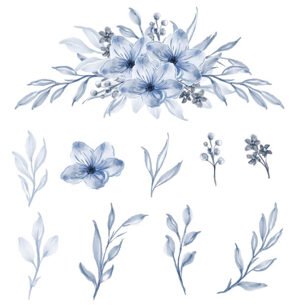 Set of watercolor flower and leaf blue
