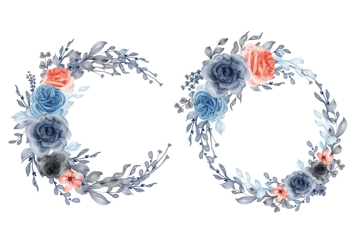 Free Vector set of watercolor flower wreath rose orange blue and leaves