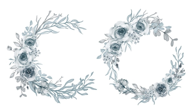 Set of watercolor flower wreath rose steel blue