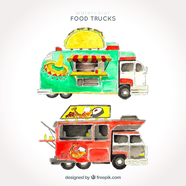 Free vector set of watercolor food trucks