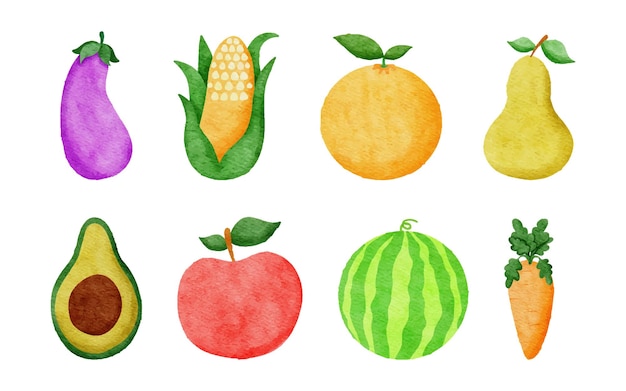 Set of watercolor fruits and vegetables illustration