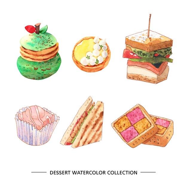 Set of watercolor and hand drawn dessert illustration 