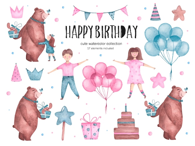 Set of watercolor happy birthday elements bear hugs balloons girl boy