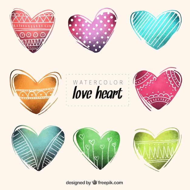 Free vector set of watercolor hearts with drawings