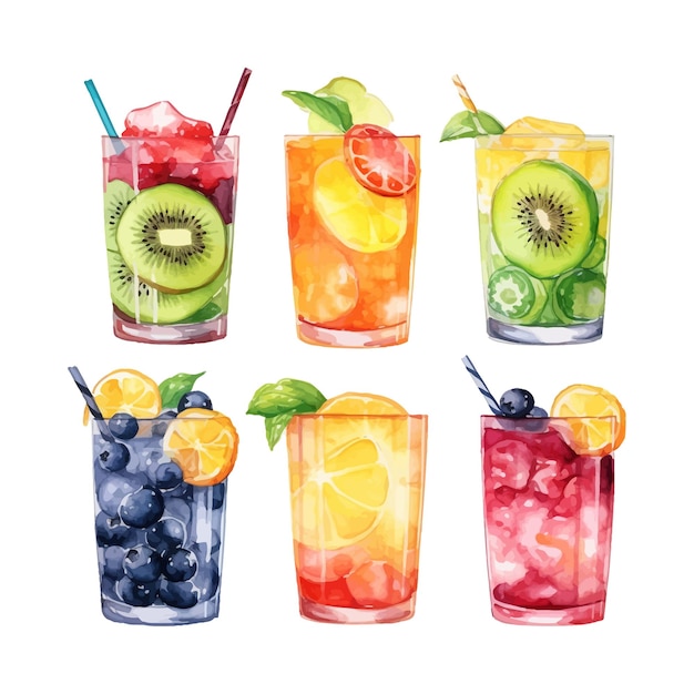 Free vector set of watercolor kiwi, pineapple, orange and blueberry cocktails with slice of fruits