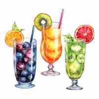 Free vector set of watercolor kiwi, pineapple, orange and blueberry cocktails with slice of fruits