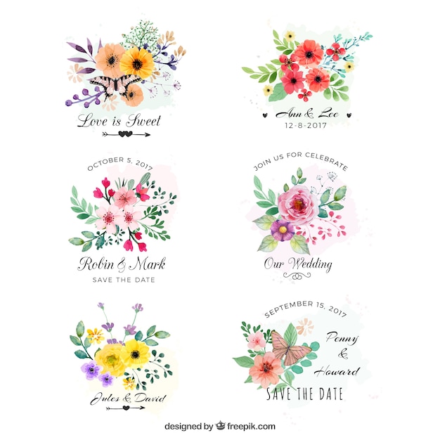 Free vector set of watercolor labels with flowers