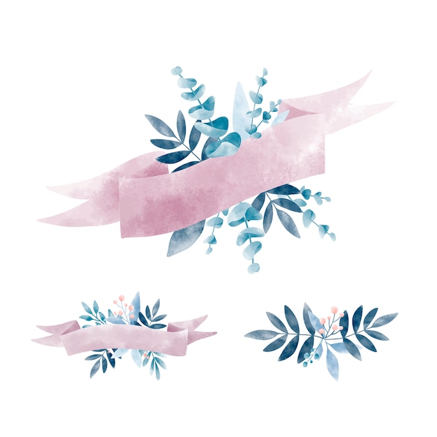 Free vector set of watercolor leaves with a banner vector