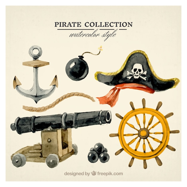 Free vector set of watercolor pirate accessories
