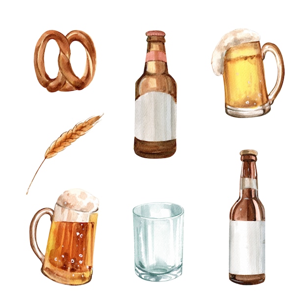 Free vector set of watercolor pretzel, barley, beer illustration